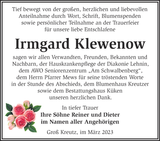 Traueranzeige von Irmgard Klewenow von Märkische Oderzeitung