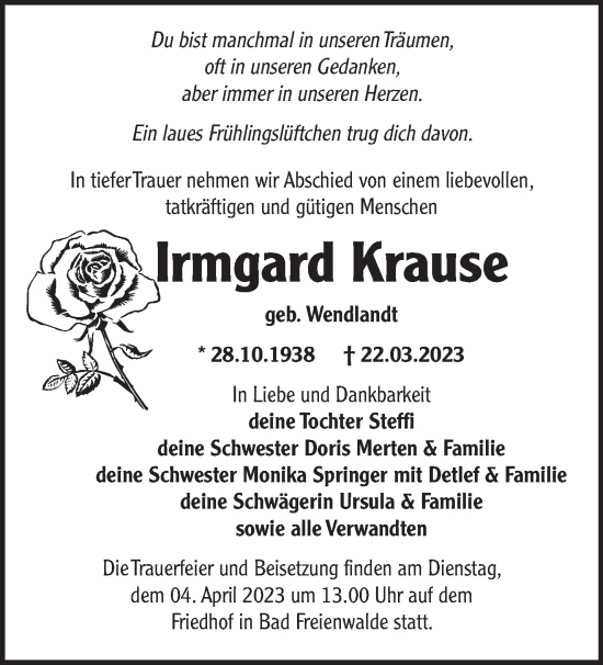 Traueranzeige von Irmgard Krause von Märkische Oderzeitung