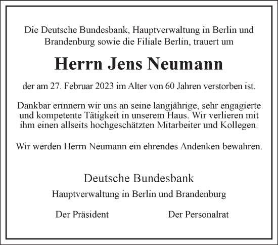 Traueranzeige von Jens Neumann von Märkische Oderzeitung