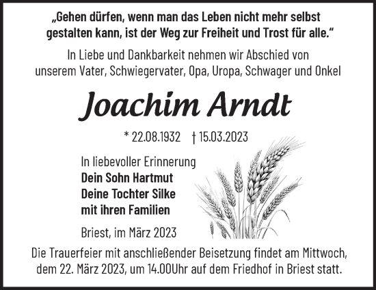 Traueranzeige von Joachim Arndt von Märkische Oderzeitung