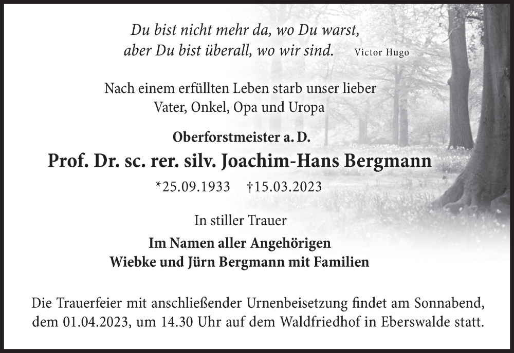  Traueranzeige für Joachim-Hans Bergmann vom 22.03.2023 aus Märkische Oderzeitung