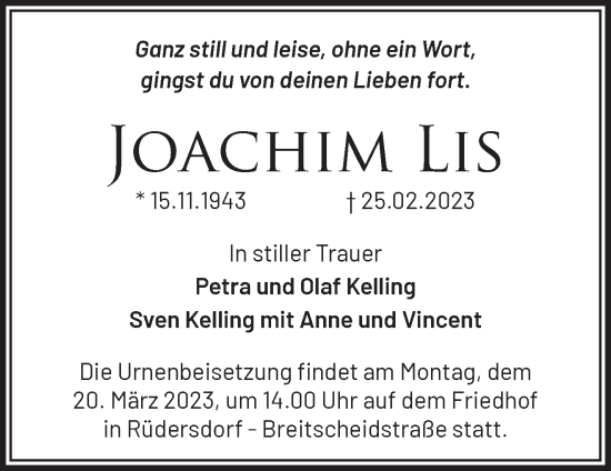 Traueranzeige von Joachim Lis von Märkische Oderzeitung