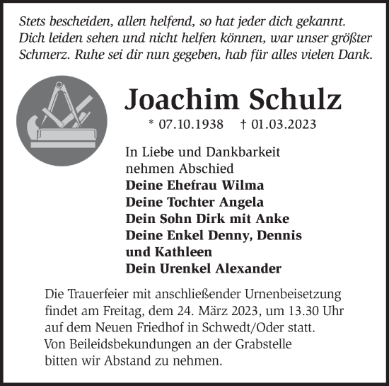 Traueranzeige von Joachim Schulz von Märkische Oderzeitung