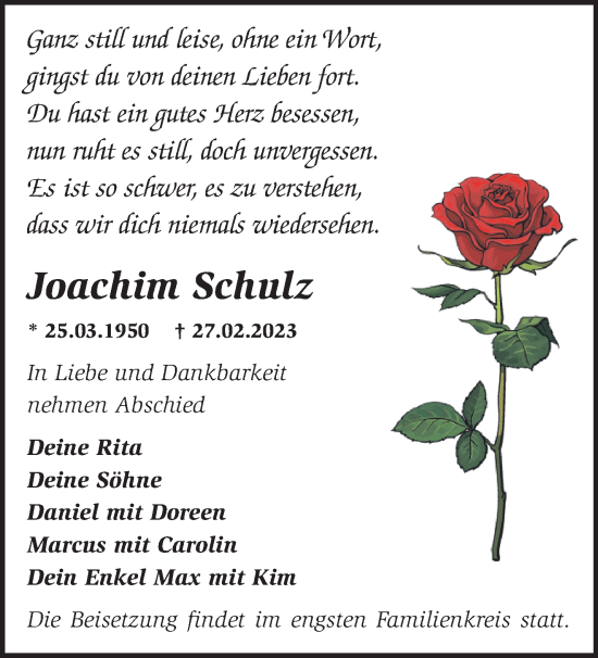 Traueranzeige von Joachim Schulz von Märkische Oderzeitung