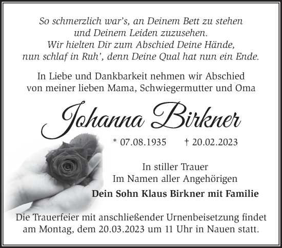 Traueranzeige von Johanna Birkner von Märkische Oderzeitung