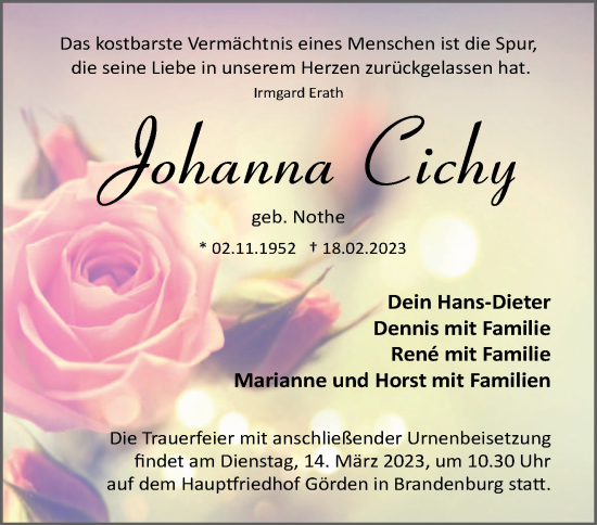 Traueranzeige von Johanna Cichy von Märkische Oderzeitung