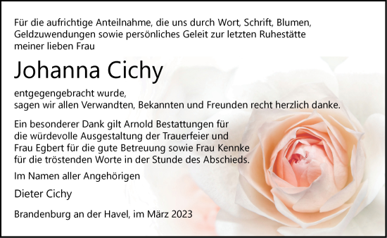 Traueranzeige von Johanna Cichy von Märkische Oderzeitung