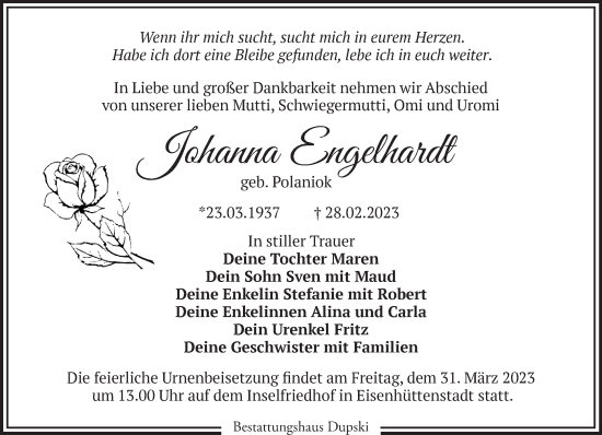 Traueranzeige von Johanna Engelhardt von Märkische Oderzeitung