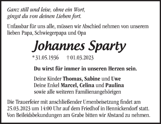 Traueranzeige von Johannes Sparty von Märkische Oderzeitung