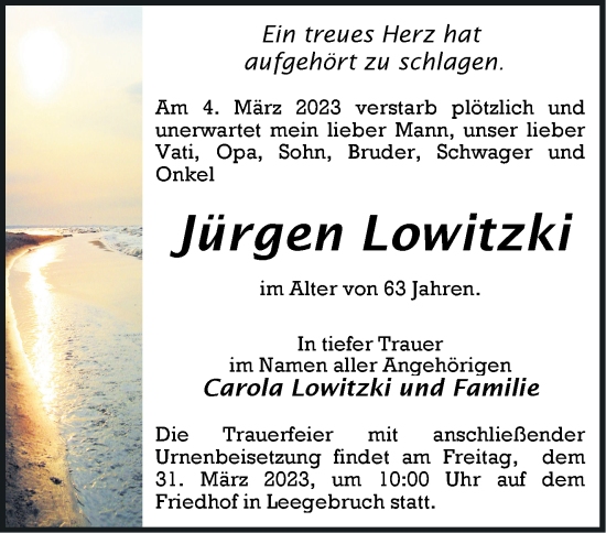 Traueranzeige von Jürgen Lowitzki von Märkische Oderzeitung