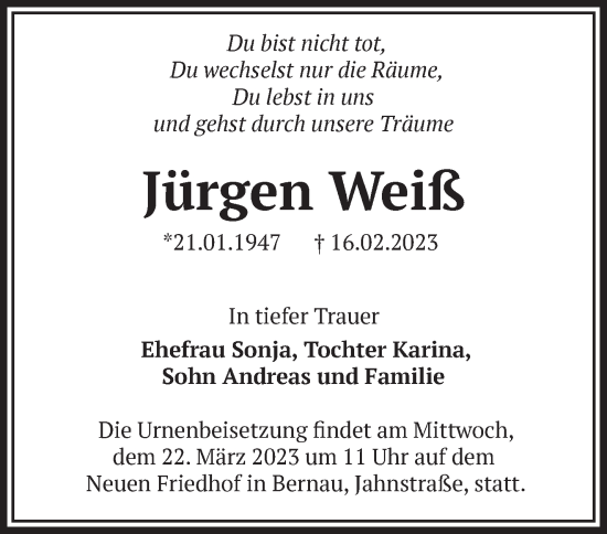 Traueranzeige von Jürgen Weiß von Märkische Oderzeitung