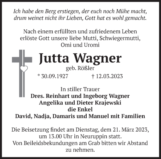 Traueranzeige von Jutta Wagner von Märkische Oderzeitung