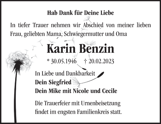 Traueranzeige von Karin Benzin von Märkische Oderzeitung
