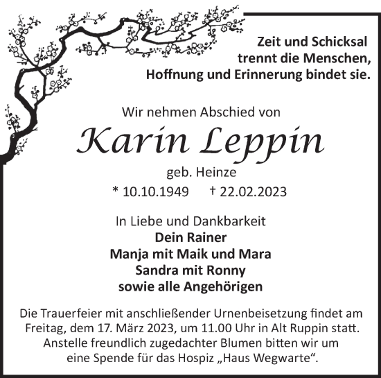 Traueranzeige von Karin Leppin von Märkische Oderzeitung