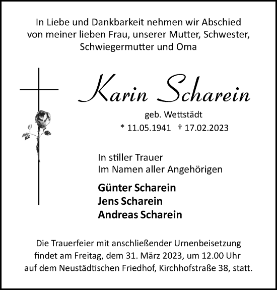 Traueranzeige von Karin Scharein von Märkische Oderzeitung