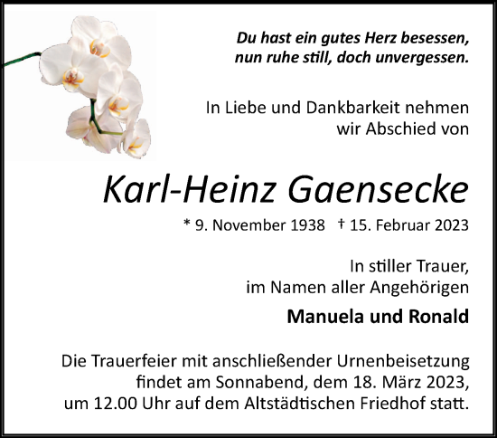 Traueranzeige von Karl-Heinz Gaensecke von Märkische Oderzeitung