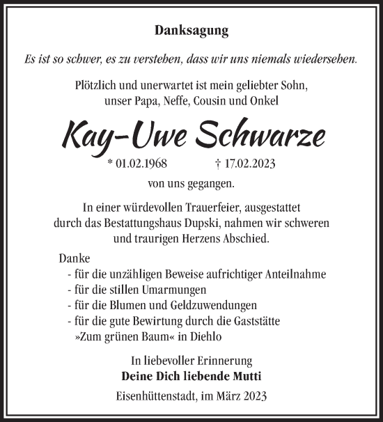 Traueranzeige von Kay-Uwe Schwarze von Märkische Oderzeitung