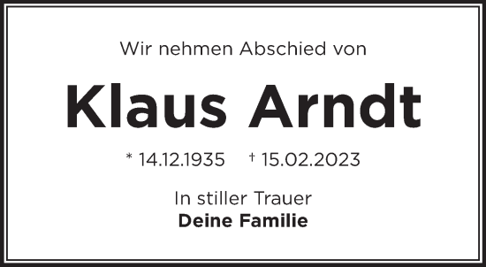 Traueranzeige von Klaus Arndt von Märkische Oderzeitung