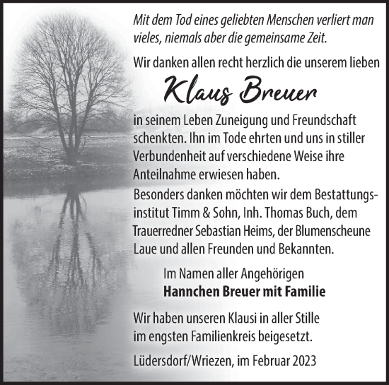 Traueranzeige von Klaus Breuer von Märkische Oderzeitung