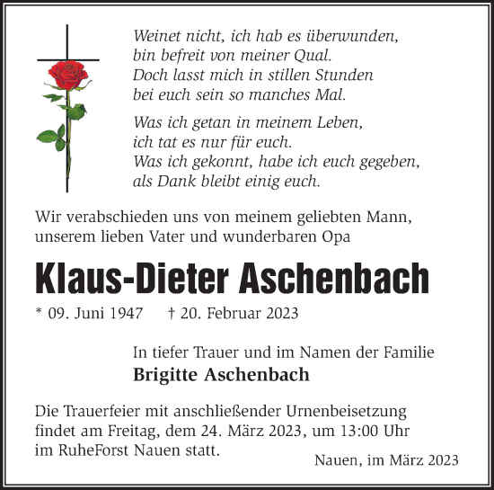 Traueranzeige von Klaus-Dieter Aschenbach von Märkische Oderzeitung