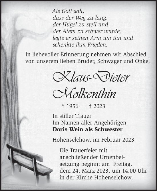 Traueranzeige von Klaus-Dieter Molkenthin von Märkische Oderzeitung