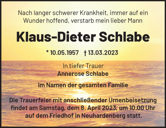 Traueranzeige von Klaus-Dieter Schlabe von Märkische Oderzeitung