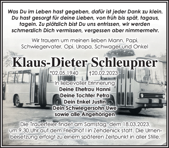 Traueranzeige von Klaus-Dieter Schleupner von Märkische Oderzeitung