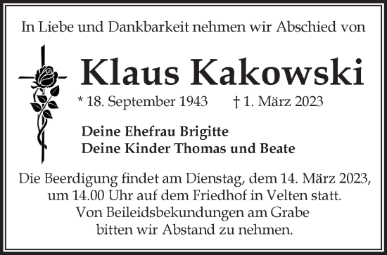 Traueranzeige von Klaus Kakowski von Märkische Oderzeitung