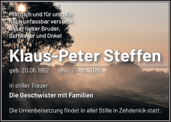 Traueranzeige von Klaus-Peter Steffen von Märkische Oderzeitung