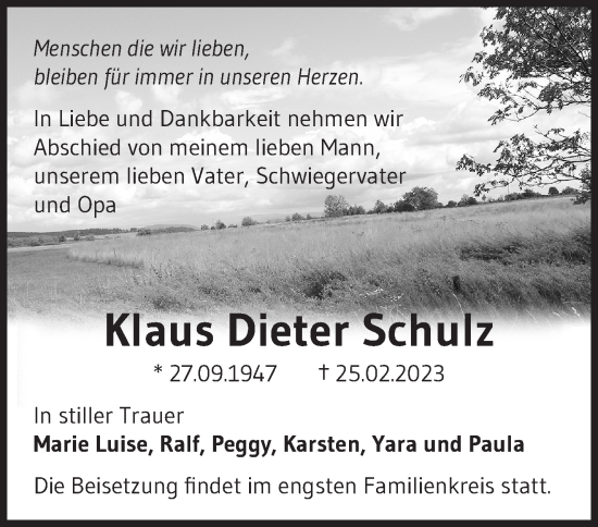 Traueranzeige von Klaus Dieter Schulz von Märkische Oderzeitung