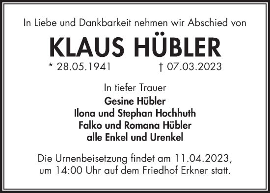 Traueranzeige von Klaus Hübler  von Märkische Oderzeitung