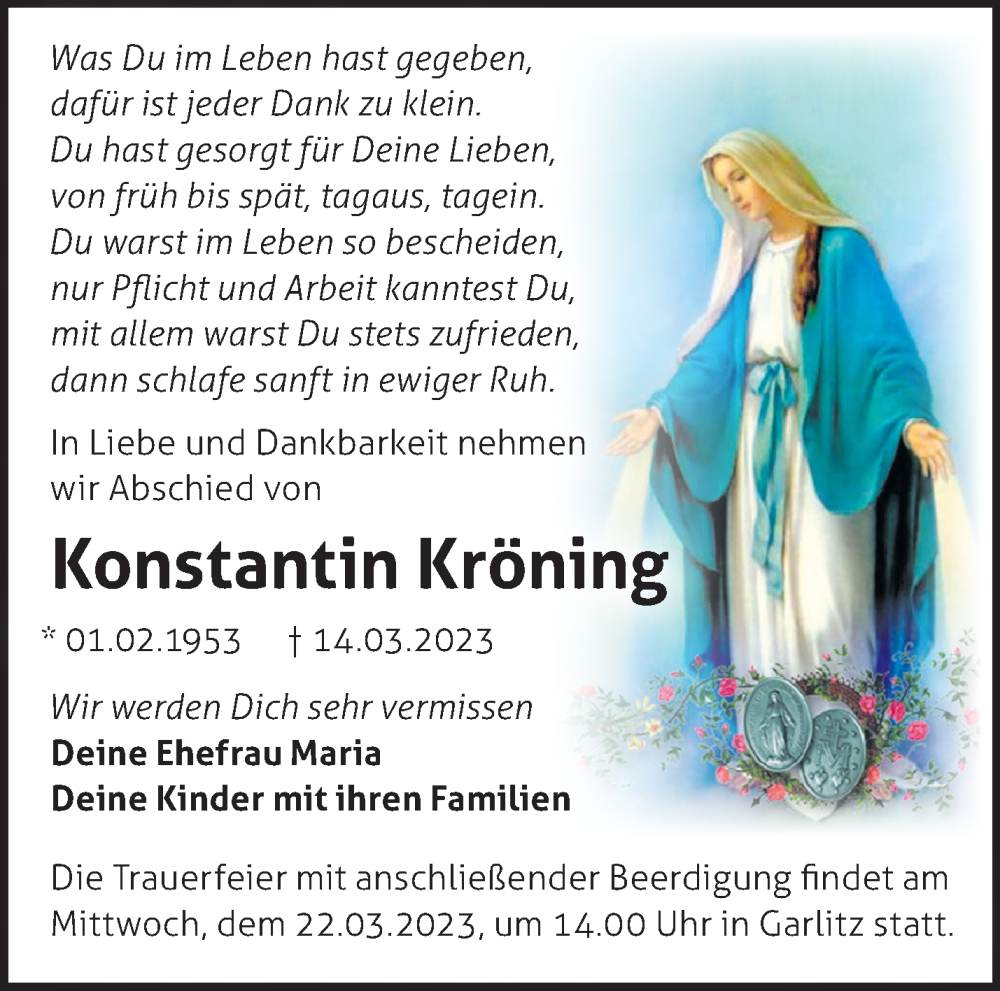 Traueranzeige für Konstantin Kröning vom 19.03.2023 aus Märkische Oderzeitung