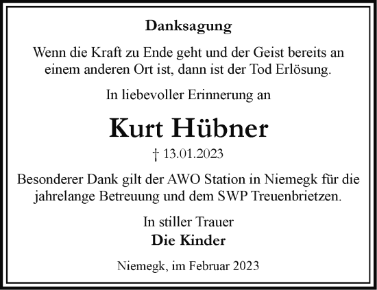 Traueranzeige von Kurt Hübner von Märkische Oderzeitung