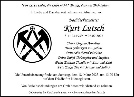 Traueranzeige von Kurt Lutsch von Märkische Oderzeitung