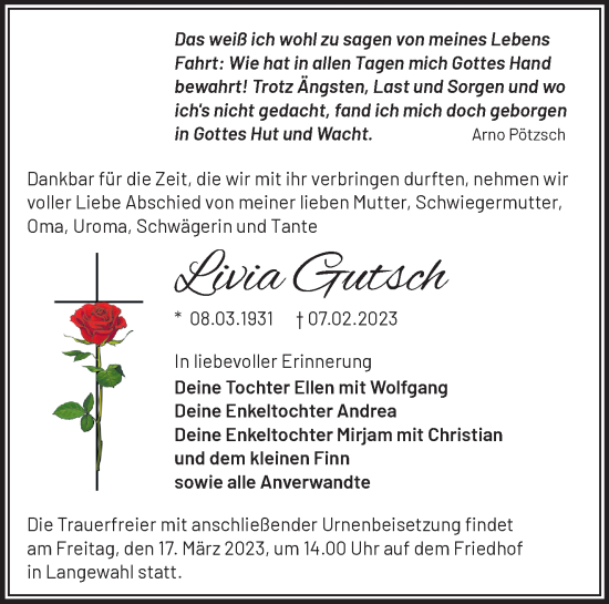 Traueranzeige von Livia Gutsch von Märkische Oderzeitung