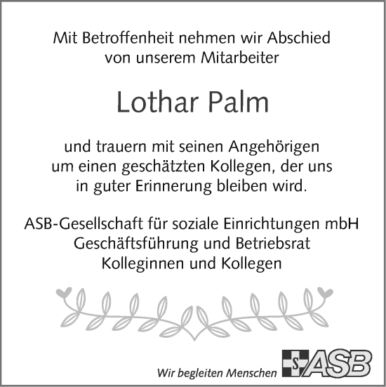 Traueranzeige von Lothar Palm von Märkische Oderzeitung