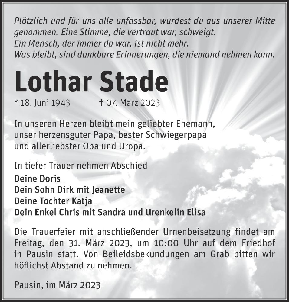  Traueranzeige für Lothar Stade vom 19.03.2023 aus Märkische Oderzeitung
