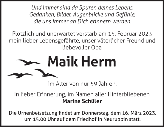 Traueranzeige von Maik Herm von Märkische Oderzeitung