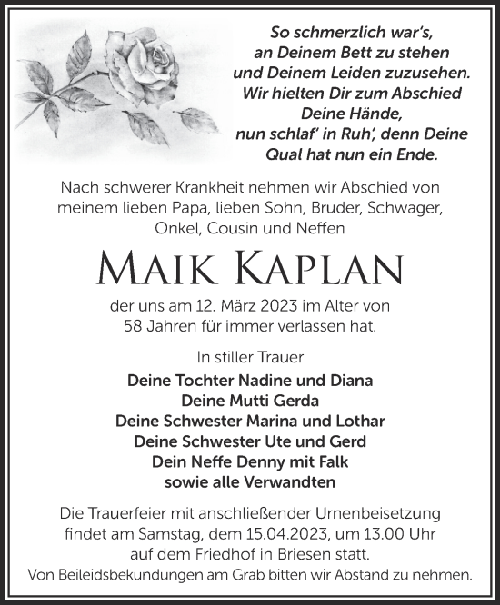 Traueranzeige von Maik Kaplan von Märkische Oderzeitung