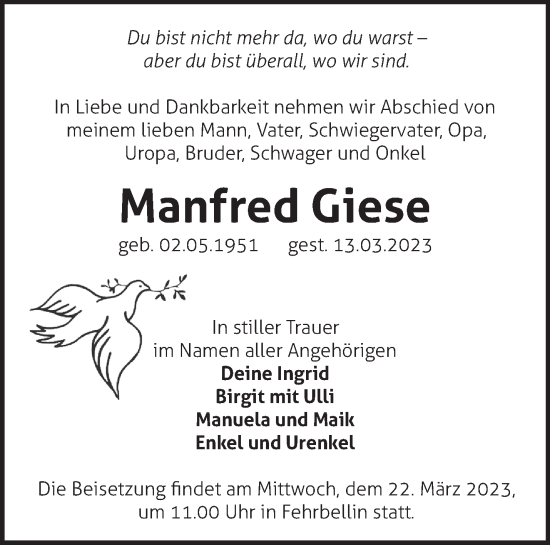Traueranzeige von Manfred Giese von Märkische Oderzeitung