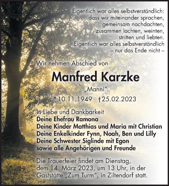 Traueranzeige von Manfred Karzke von Märkische Oderzeitung