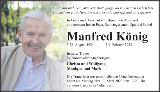 Traueranzeige von Manfred König von Märkische Oderzeitung