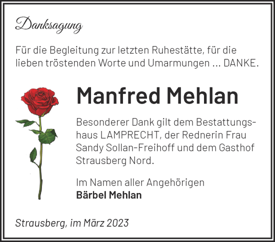 Traueranzeige von Manfred Mehlan von Märkische Oderzeitung
