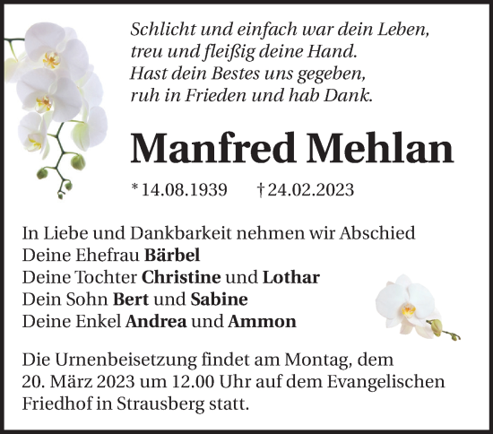 Traueranzeige von Manfred Mehlan von Märkische Oderzeitung