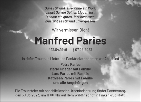 Traueranzeige von Manfred Paries von Märkische Oderzeitung