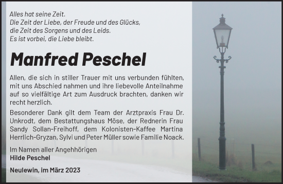 Traueranzeige von Manfred Peschel von Märkische Oderzeitung