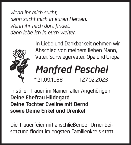 Traueranzeige von Manfred Peschel von Märkische Oderzeitung