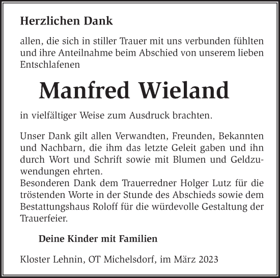 Traueranzeige von Manfred Wieland von Märkische Oderzeitung