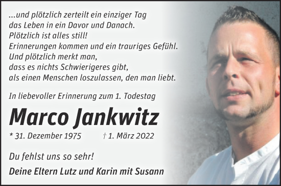 Traueranzeige von Marco Jankwitz von Märkische Oderzeitung