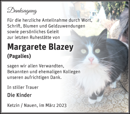 Traueranzeige von Margarete Blazey von Märkische Oderzeitung